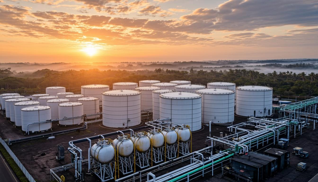 Fasilitas pengolahan gas alam Tirta Pertiwi Energi saat matahari terbit